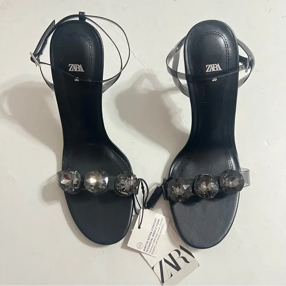 Zara EMBELLISHED VINYL HEELED SANDALS - Picture 10 of 16
